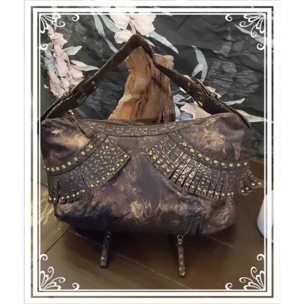 New Chocolate & Gold Shimmer Vegan Leather Stud Acccent Boho Style Shoulder Bag